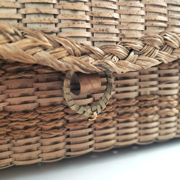 Antique Handcrafted Wicker Woven Small Lidded Sewing Basket Braided Handle