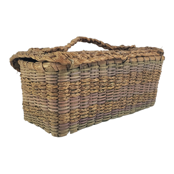 Antique Handcrafted Wicker Woven Small Lidded Sewing Basket Braided Handle