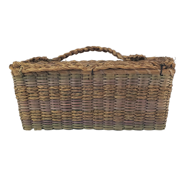 Antique Handcrafted Wicker Woven Small Lidded Sewing Basket Braided Handle