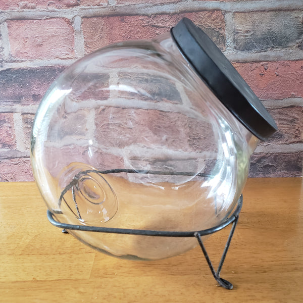 Antique Glass Sugar Cabinet Jar with Metal Stand Tin Lid