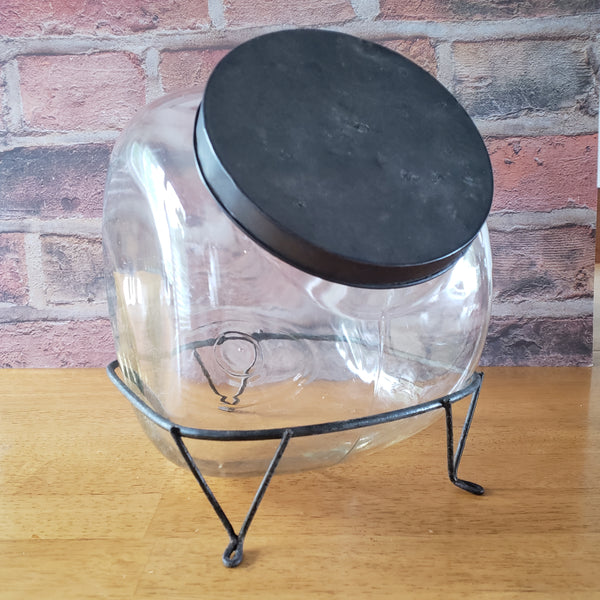 Antique Glass Sugar Cabinet Jar with Metal Stand Tin Lid