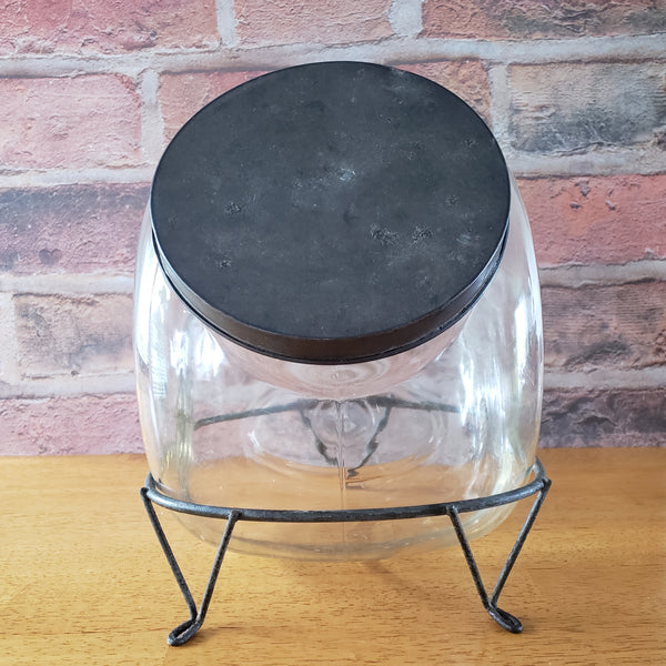 Antique Glass Sugar Cabinet Jar with Metal Stand Tin Lid