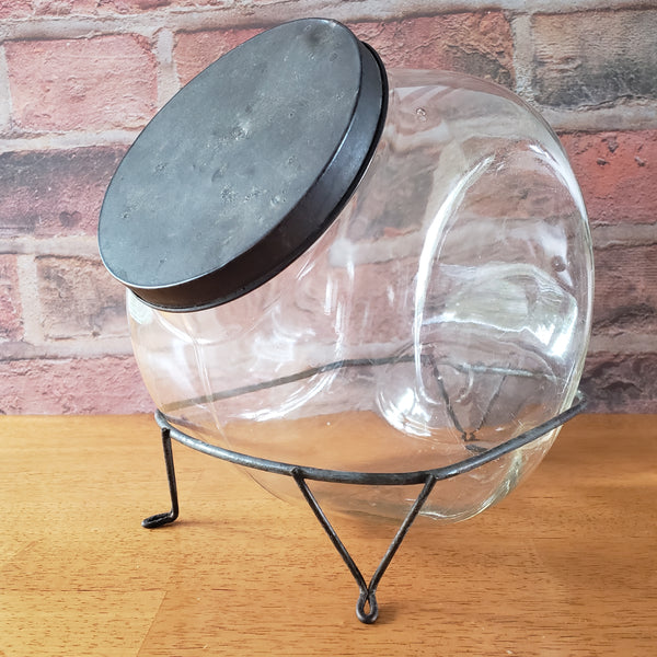 Antique Glass Sugar Cabinet Jar with Metal Stand Tin Lid