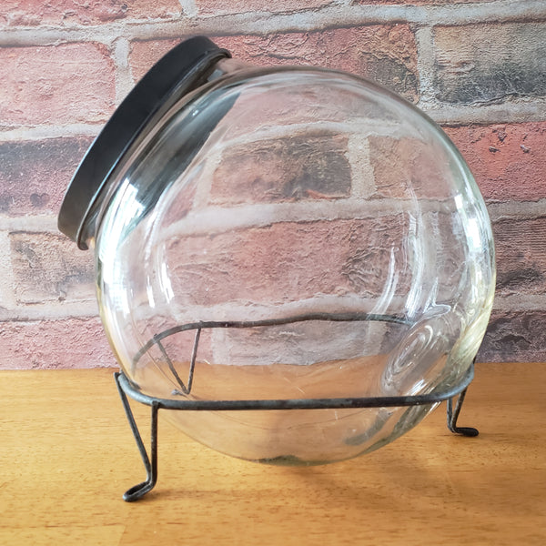 Antique Glass Sugar Cabinet Jar with Metal Stand Tin Lid