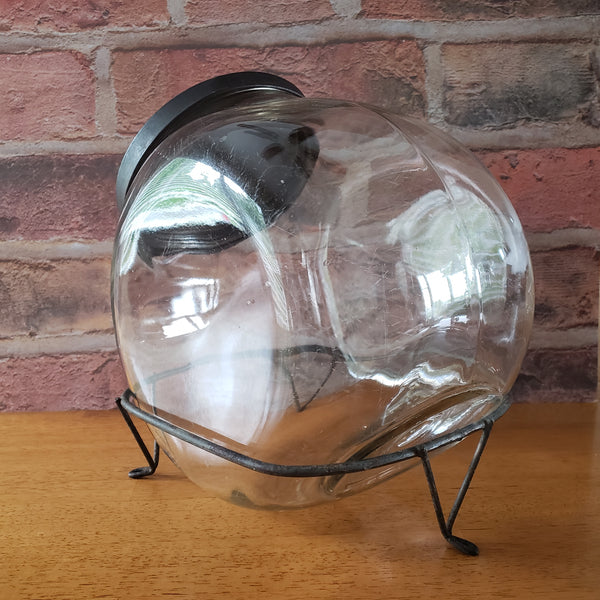 Antique Glass Sugar Cabinet Jar with Metal Stand Tin Lid