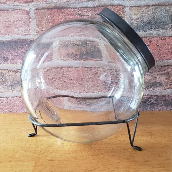 Antique Glass Sugar Cabinet Jar with Metal Stand Tin Lid