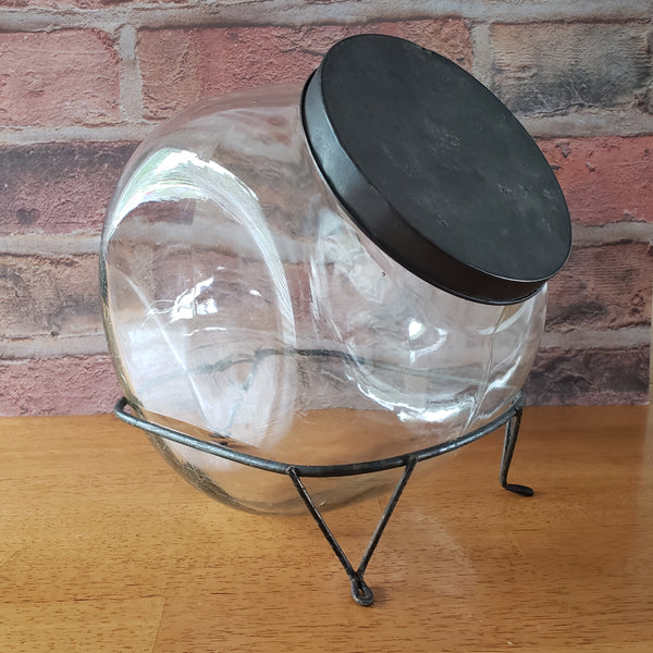Antique Glass Sugar Cabinet Jar with Metal Stand Tin Lid