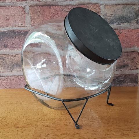 Antique Tilt Glass Counter Jar General Store Style with Metal Stand & Tin Lid