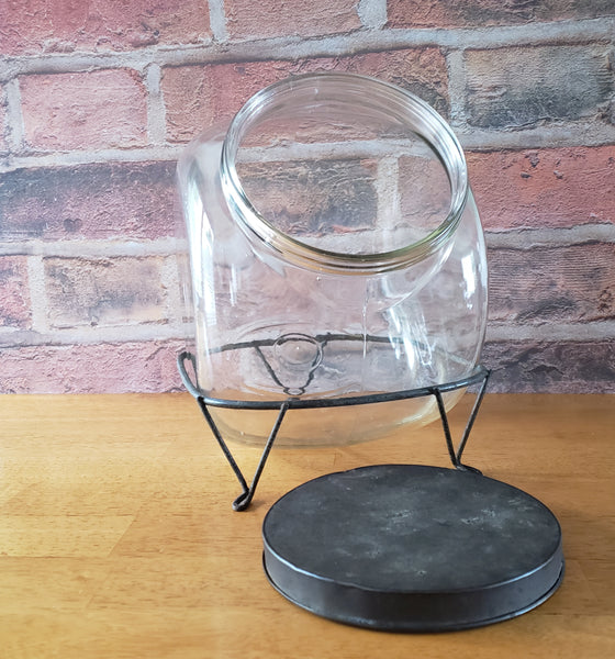 Antique Glass Sugar Cabinet Jar with Metal Stand Tin Lid