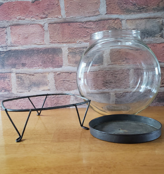 Antique Glass Sugar Cabinet Jar with Metal Stand Tin Lid
