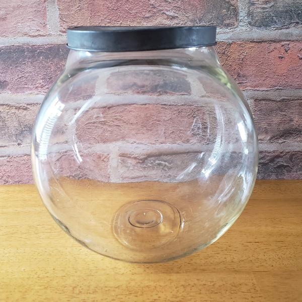 Antique Glass Sugar Cabinet Jar with Metal Stand Tin Lid