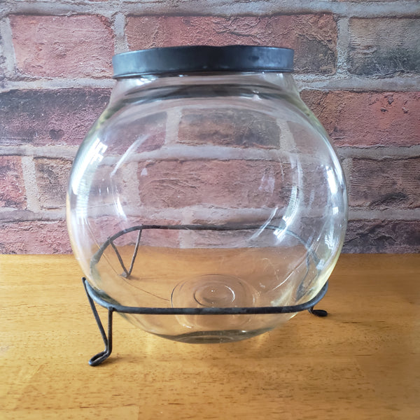 Antique Glass Sugar Cabinet Jar with Metal Stand Tin Lid