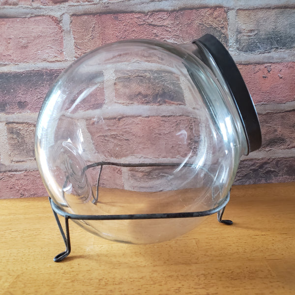 Antique Glass Sugar Cabinet Jar with Metal Stand Tin Lid