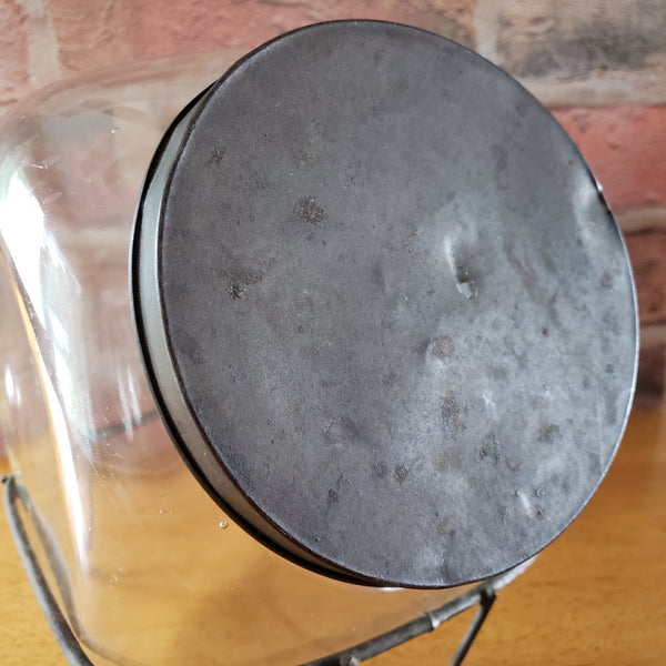 Antique Glass Sugar Cabinet Jar with Metal Stand Tin Lid