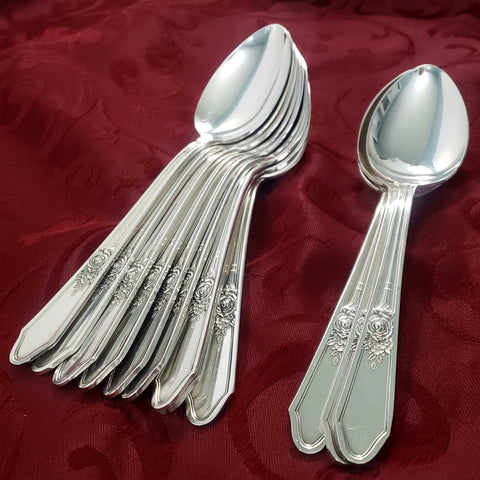 tage Manor Plate Triple Silverplate Oval Soup Spoons Set of 12 "Rosedale" International Silver 1930s