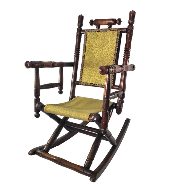 Antique Victorian Wooden Child's Carpet Rocking Chair Fabric Hunzinger Style