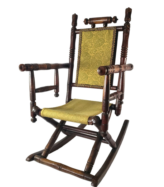 Antique Victorian Wooden Child's Carpet Rocking Chair Period Fabric Hunzinger Style