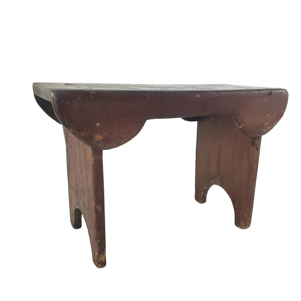 Antique Dark Brown Wooden Footstool Mortise & Tenon Construction Corner-Scalloped Apron