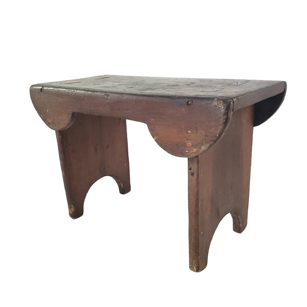 Antique Dark Brown Wooden Footstool Mortise & Tenon Construction Corner-Scalloped Apron