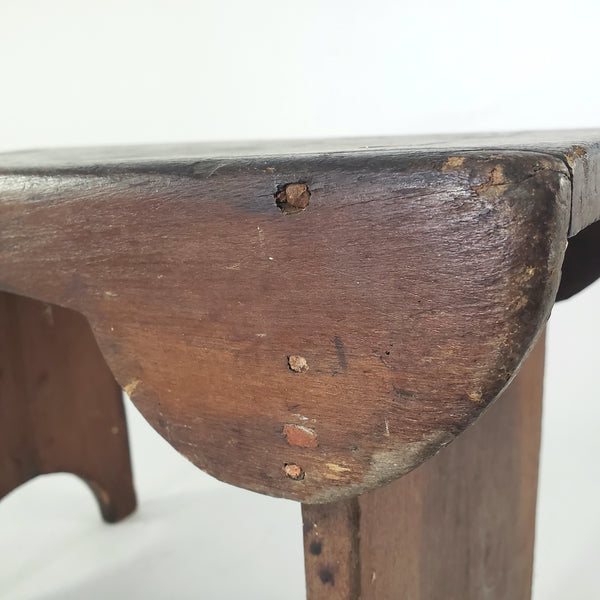 Antique Dark Brown Wooden Footstool Mortise & Tenon Construction Corner-Scalloped Apron