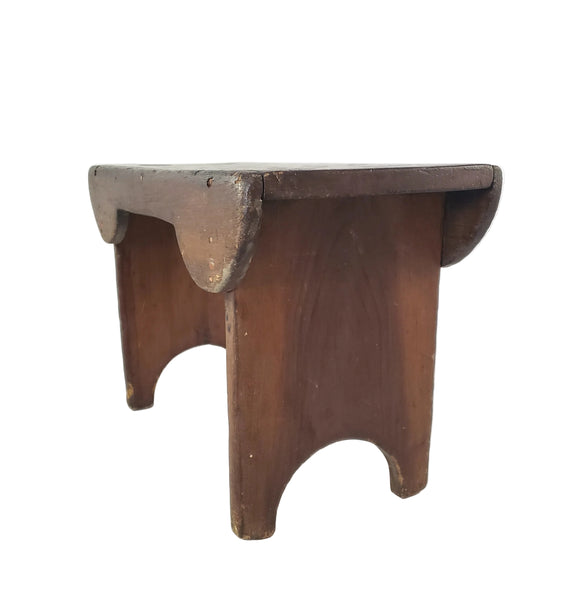 Antique Dark Brown Wooden Footstool Mortise & Tenon Construction Corner-Scalloped Apron