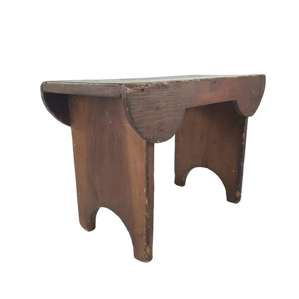 Antique Dark Brown Wooden Footstool Mortise & Tenon Construction Corner-Scalloped Apron