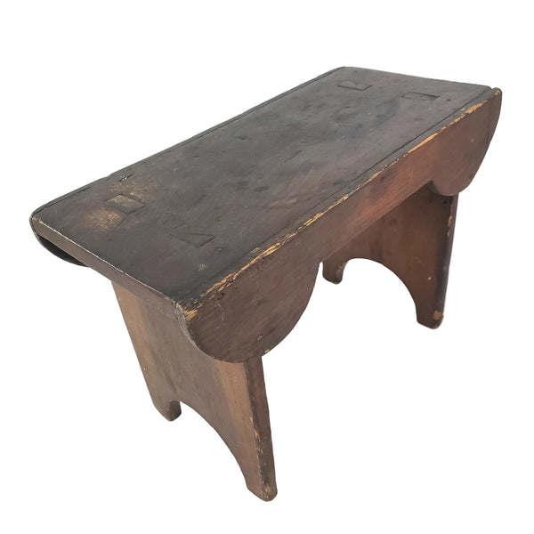 Antique Dark Brown Wooden Footstool Mortise & Tenon Construction Corner-Scalloped Apron