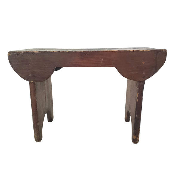Antique Dark Brown Wooden Footstool Mortise & Tenon Construction Corner-Scalloped Apron