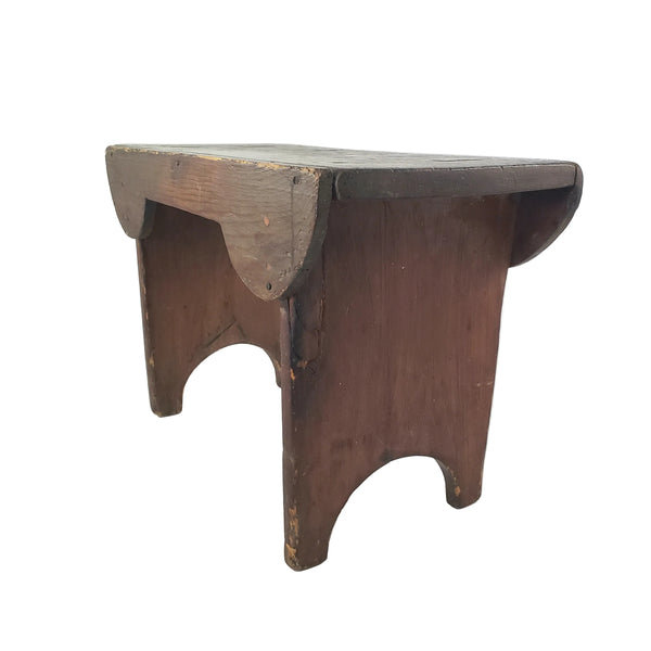 Antique Dark Brown Wooden Footstool Mortise & Tenon Construction Corner-Scalloped Apron