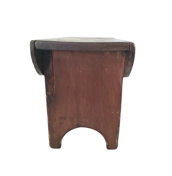 Antique Dark Brown Wooden Footstool Mortise & Tenon Construction Corner-Scalloped Apron