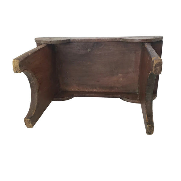 Antique Dark Brown Wooden Footstool Mortise & Tenon Construction Corner-Scalloped Apron