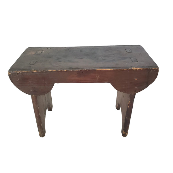 Antique Dark Brown Wooden Footstool Mortise & Tenon Construction Corner-Scalloped Apron