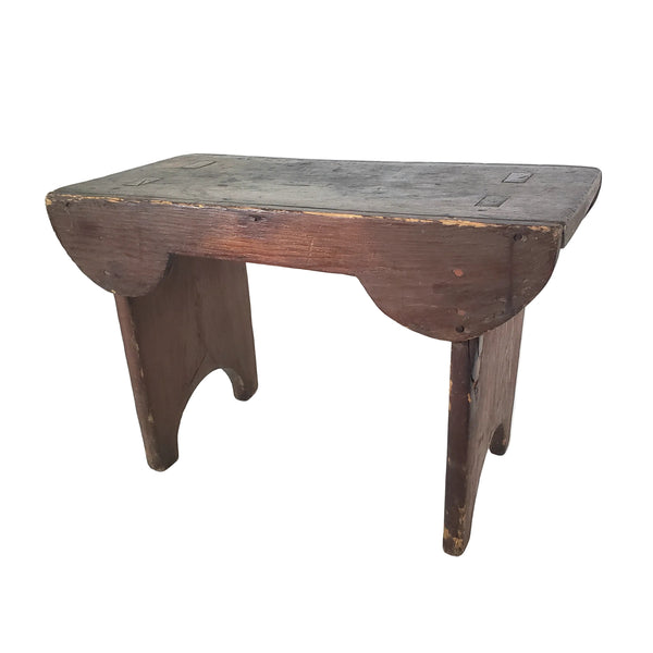 Antique Dark Brown Wooden Footstool Mortise & Tenon Construction Corner-Scalloped Apron