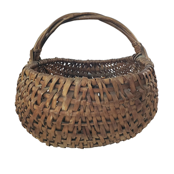 Antique Woven Splint Buttocks Egg Gathering Basket Twisted Twig Handle