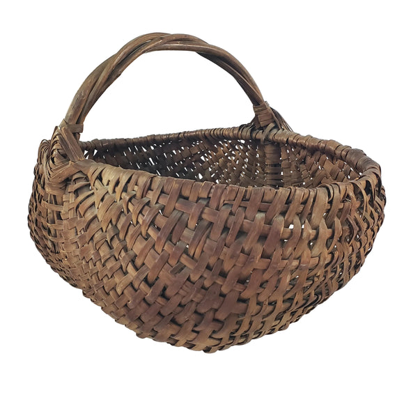 Antique Woven Splint Buttocks Egg Gathering Basket Twisted Twig Handle