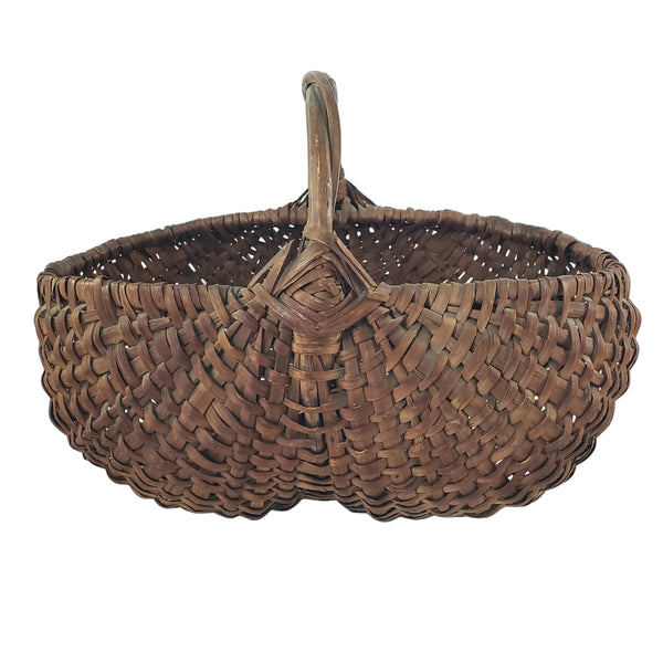Antique Woven Splint Buttocks Egg Gathering Basket Twisted Twig Handle