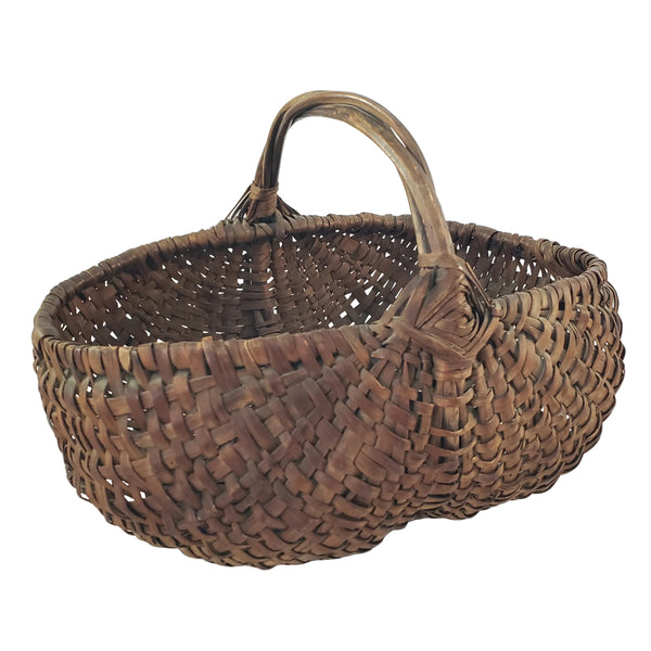 Antique Woven Splint Buttocks Egg Gathering Basket Twisted Twig Handle