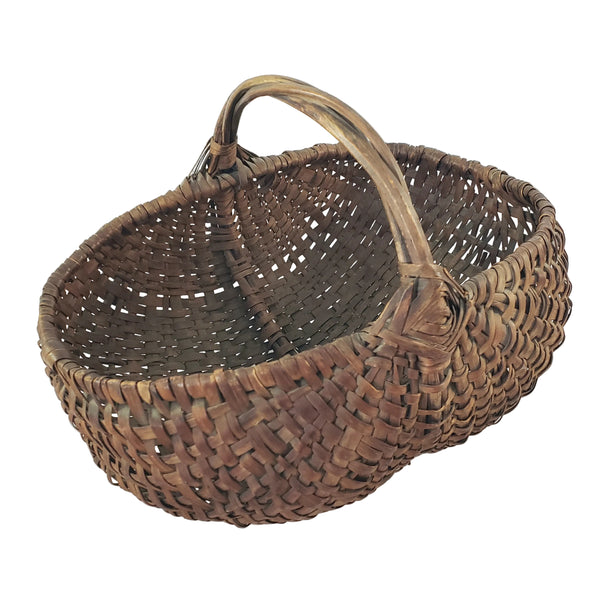 Antique Woven Splint Buttocks Egg Gathering Basket Twisted Twig Handle