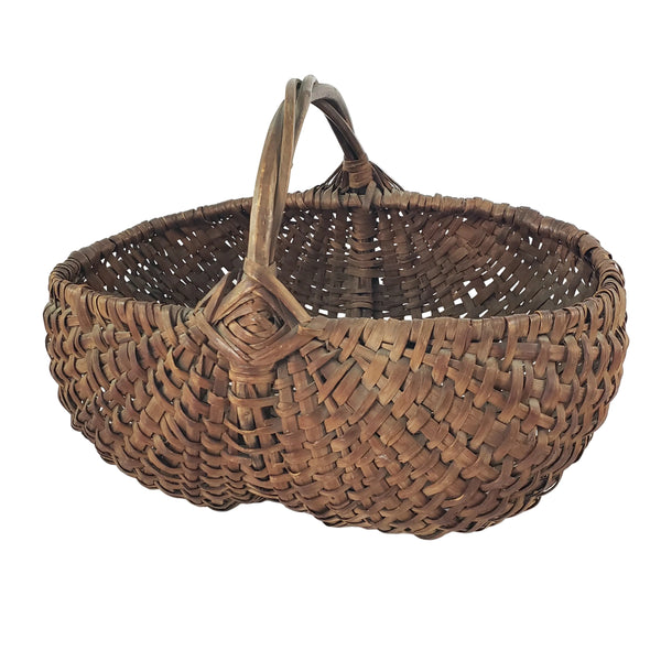 Antique Woven Splint Buttocks Egg Gathering Basket Twisted Twig Handle