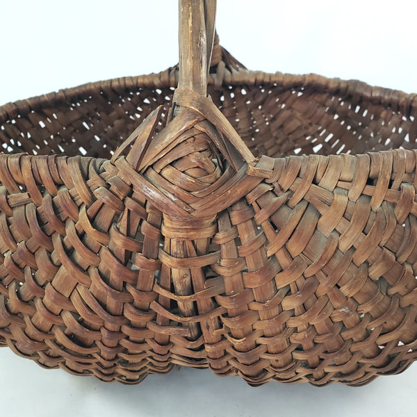 Antique Woven Splint Buttocks Egg Gathering Basket Twisted Twig Handle