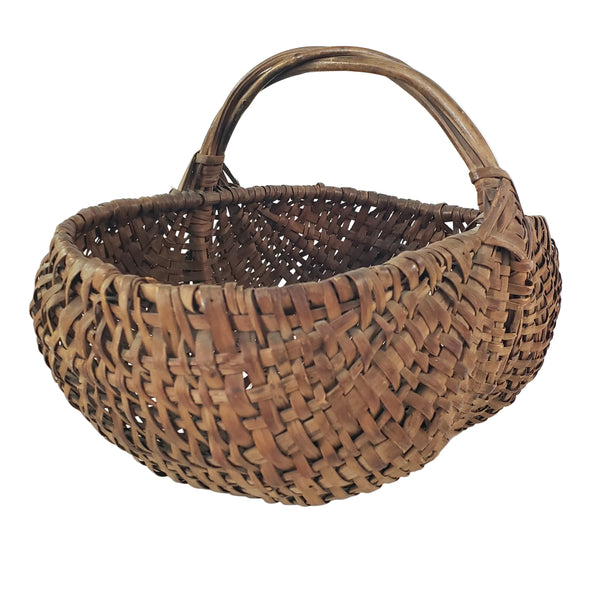 Antique Woven Splint Buttocks Egg Gathering Basket Twisted Twig Handle