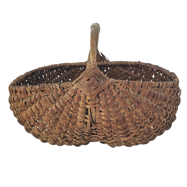 Antique Woven Splint Buttocks Egg Gathering Basket Twisted Twig Handle