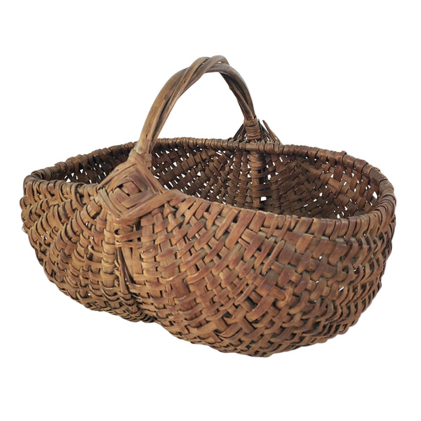 Antique Woven Splint Buttocks Egg Gathering Basket Twisted Twig Handle