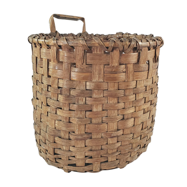 Antique Handwoven Oak Splint Gathering Basket Single Bentwood Handle