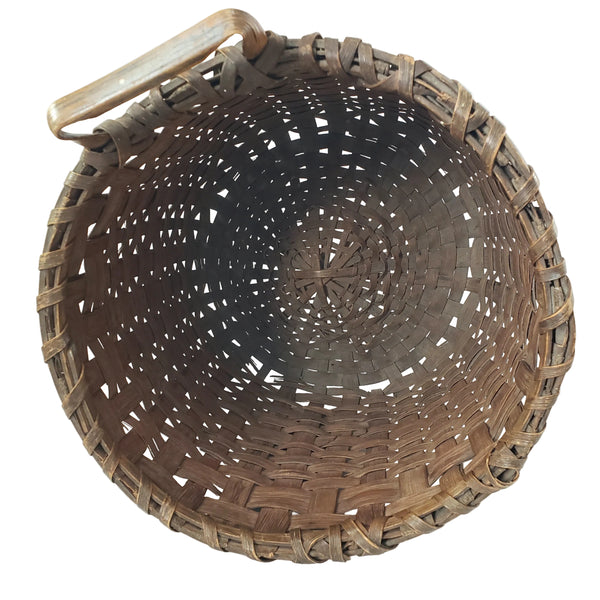 Antique Handwoven Oak Splint Gathering Basket Single Bentwood Handle
