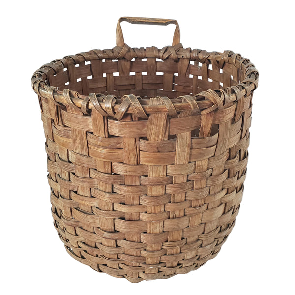Antique Handwoven Oak Splint Gathering Basket Single Bentwood Handle