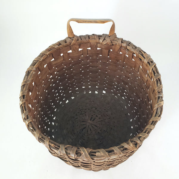 Antique Handwoven Oak Splint Gathering Basket Single Bentwood Handle