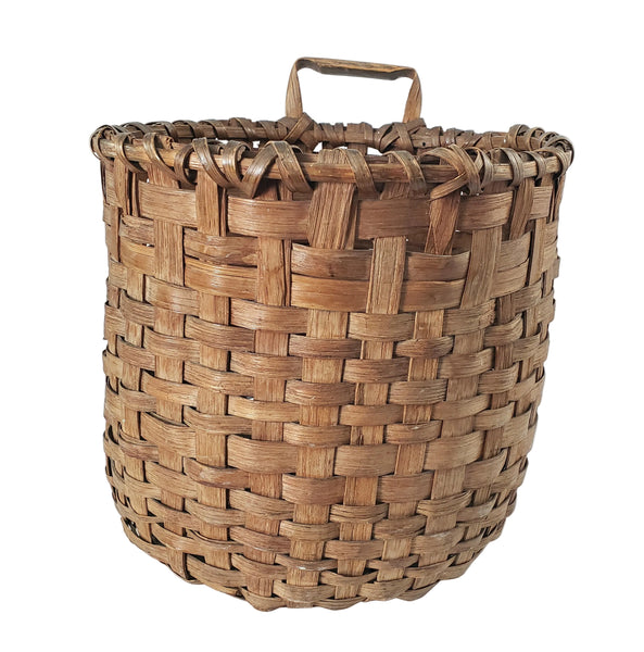 Antique Handwoven Oak Splint Gathering Basket Single Bentwood Handle