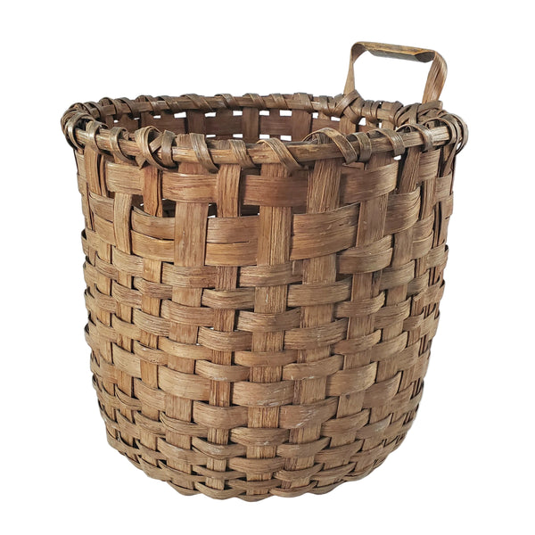 Antique Handwoven Oak Splint Gathering Basket Single Bentwood Handle