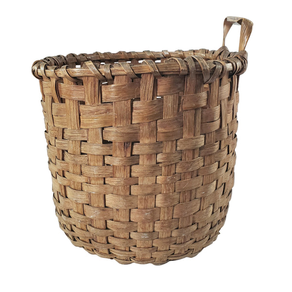 Antique Handwoven Oak Splint Gathering Basket Single Bentwood Handle